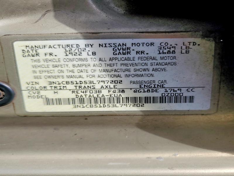 49180506 :رقم المزاد ، 3N1CB51D53L797202 vin ، 2003 Nissan Sentra مزاد بيع