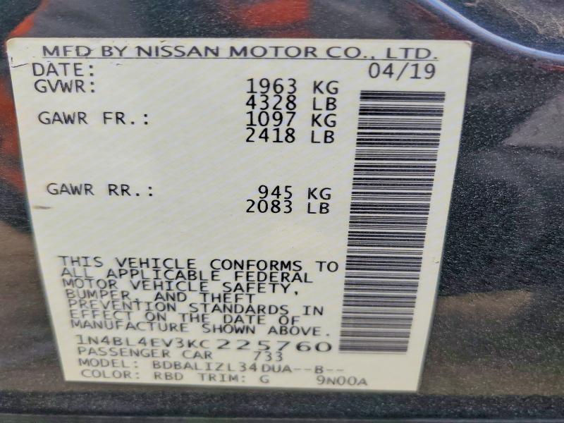 48479866 :رقم المزاد ، 1N4BL4EV3KC225760 vin ، 2019 Nissan Altima مزاد بيع
