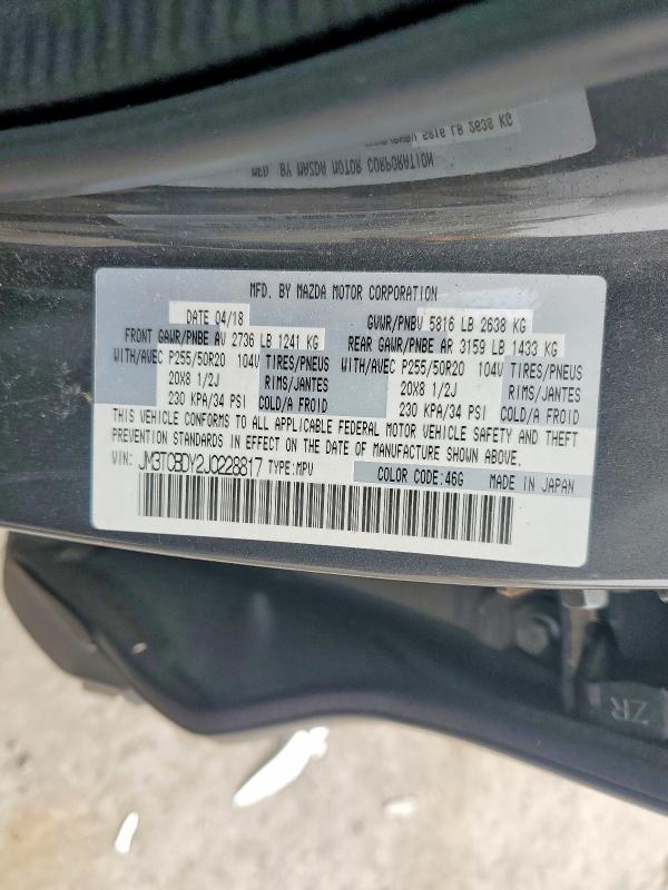 2018 Mazda Cx-9 მანქანა იყიდება აუქციონზე, vin: JM3TCBDY2J0228817, აუქციონის ნომერი: 51460496