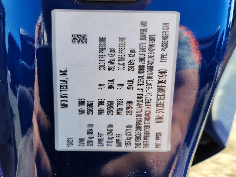 Продажа на аукционе авто 2021 Tesla Model 3, vin: 5YJ3E1EC8MF091940, номер лота: 51504966
