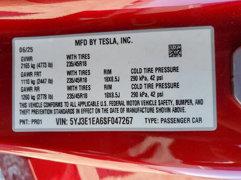 Продаж на аукціоні авто 2025 Tesla Model 3, vin: 5YJ3E1EA6SF047267, номер лоту: 50127596