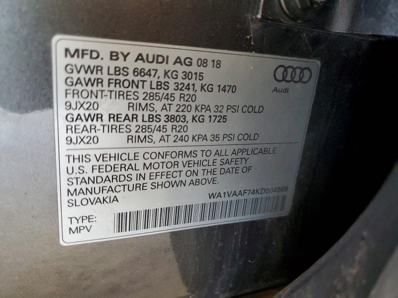 2019 Audi Q7 მანქანა იყიდება აუქციონზე, vin: WA1VAAF74KD004569, აუქციონის ნომერი: 50776106