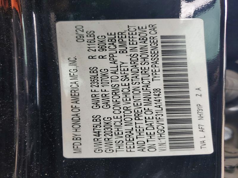2020 Honda Accord მანქანა იყიდება აუქციონზე, vin: 1HGCV1F31LA141438, აუქციონის ნომერი: 51033706