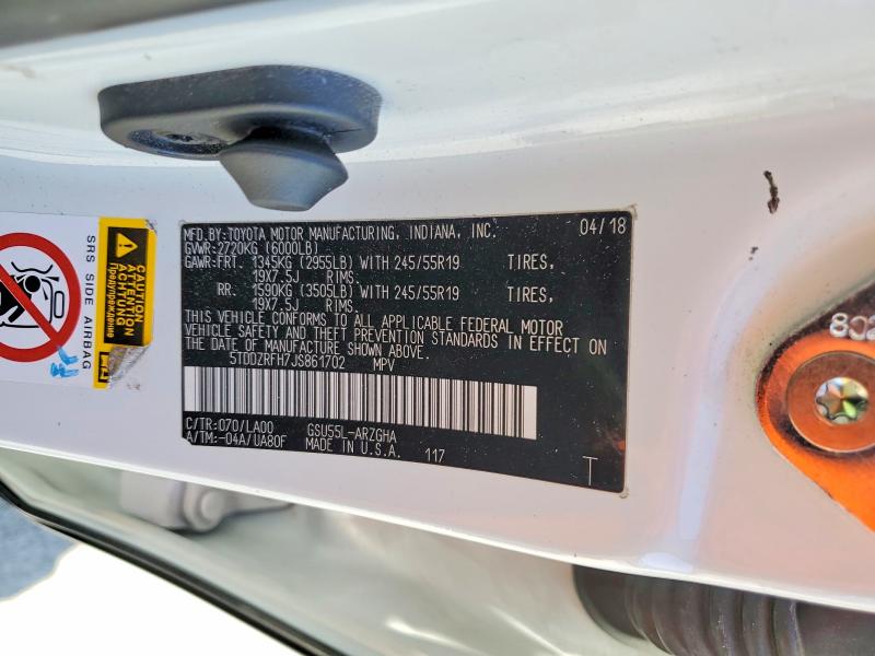 2018 Toyota Highlander მანქანა იყიდება აუქციონზე, vin: 5TDDZRFH7JS861702, აუქციონის ნომერი: 48695506
