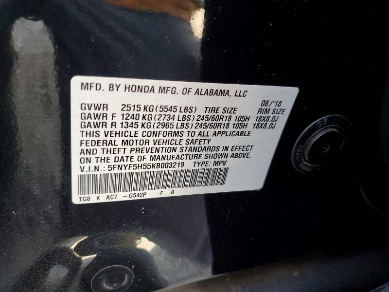 Продаж на аукціоні авто 2019 Honda Pilot, vin: 5FNYF5H55KB003219, номер лоту: 49647216