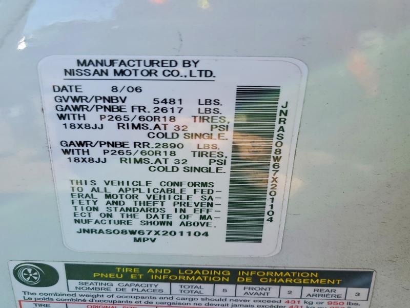49176376 :رقم المزاد ، JNRAS08W67X201104 vin ، 2007 Infiniti Fx35 مزاد بيع