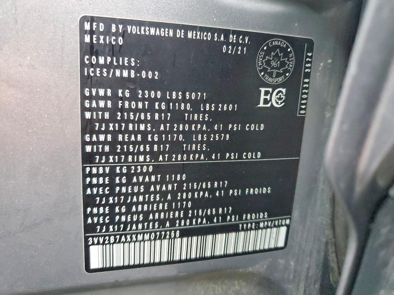 49556346 :رقم المزاد ، 3VV2B7AXXMM077258 vin ، 2021 Volkswagen Tiguan مزاد بيع