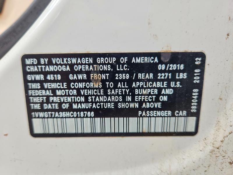 2017 Volkswagen Passat მანქანა იყიდება აუქციონზე, vin: 1VWGT7A35HC018766, აუქციონის ნომერი: 49597296