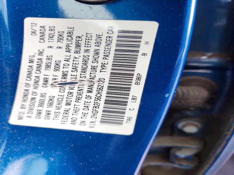 51466226 :رقم المزاد ، 2HGFB2F56CH562120 vin ، 2012 Honda Civic مزاد بيع