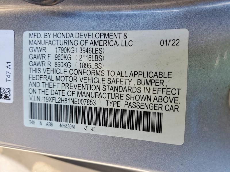 50261776 :رقم المزاد ، 19XFL2H81NE007853 vin ، 2022 Honda Civic مزاد بيع