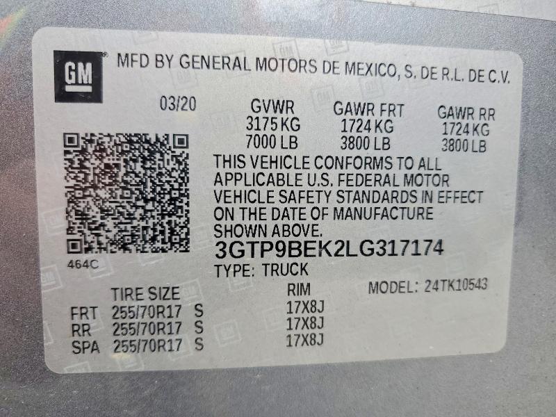 2020 Gmc Sierra მანქანა იყიდება აუქციონზე, vin: 3GTP9BEK2LG317174, აუქციონის ნომერი: 51672516