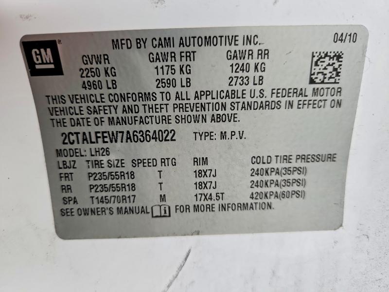 49818736 :رقم المزاد ، 2CTALFEW7A6364022 vin ، 2010 Gmc Terrain مزاد بيع