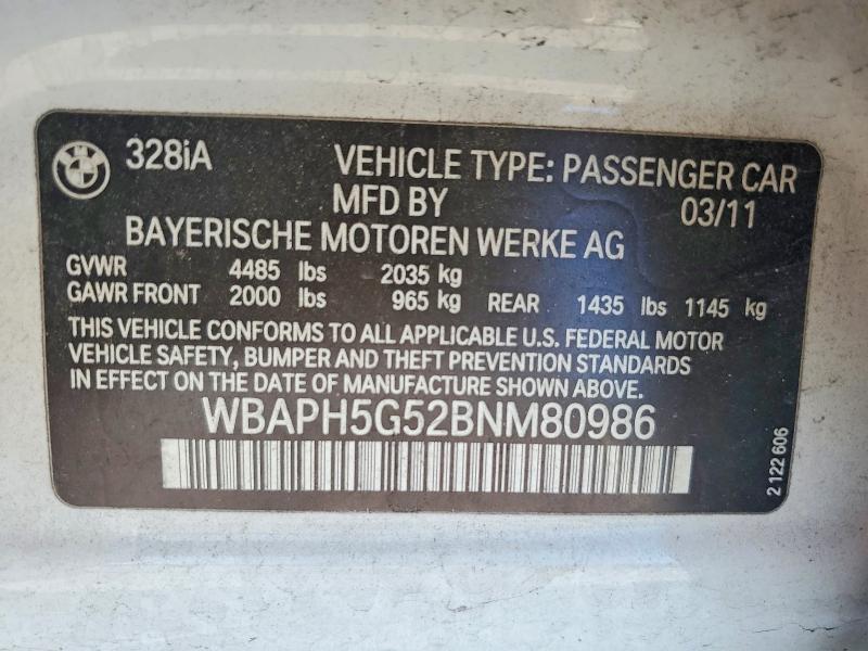 51146816 :رقم المزاد ، WBAPH5G52BNM80986 vin ، 2011 Bmw 328 مزاد بيع