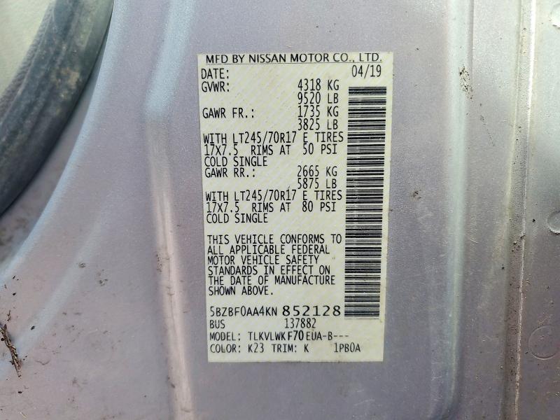 Aukcja sprzedaży 2019 Nissan Nv, vin: 5BZBF0AA4KN852128, numer aukcji: 50823386