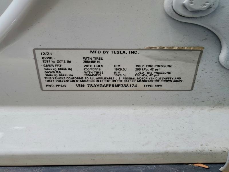 2022 Tesla Model Y მანქანა იყიდება აუქციონზე, vin: 7SAYGAEE5NF338174, აუქციონის ნომერი: 49924356