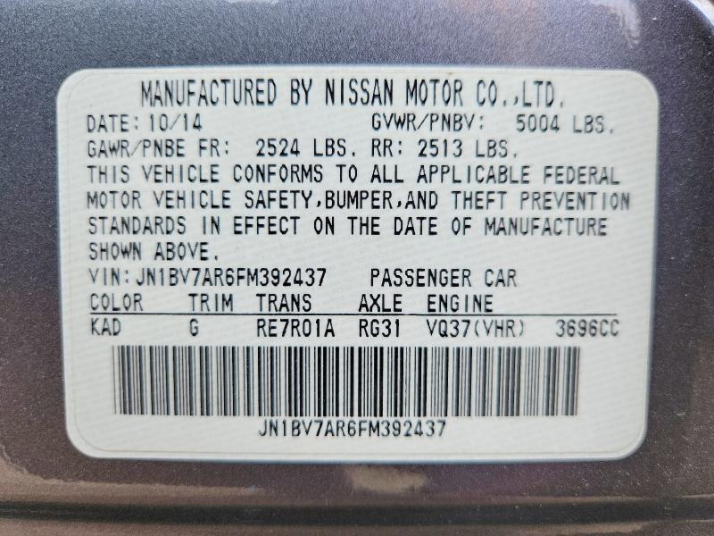 2015 Infiniti Q50 მანქანა იყიდება აუქციონზე, vin: JN1BV7AR6FM392437, აუქციონის ნომერი: 51706346