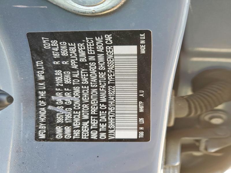 51444876 :رقم المزاد ، SHHFK7H51HU418222 vin ، 2017 Honda Civic مزاد بيع