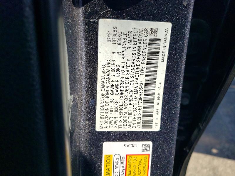 Продаж на аукціоні авто 2022 Honda Civic, vin: 2HGFE1F73NH305437, номер лоту: 51804096