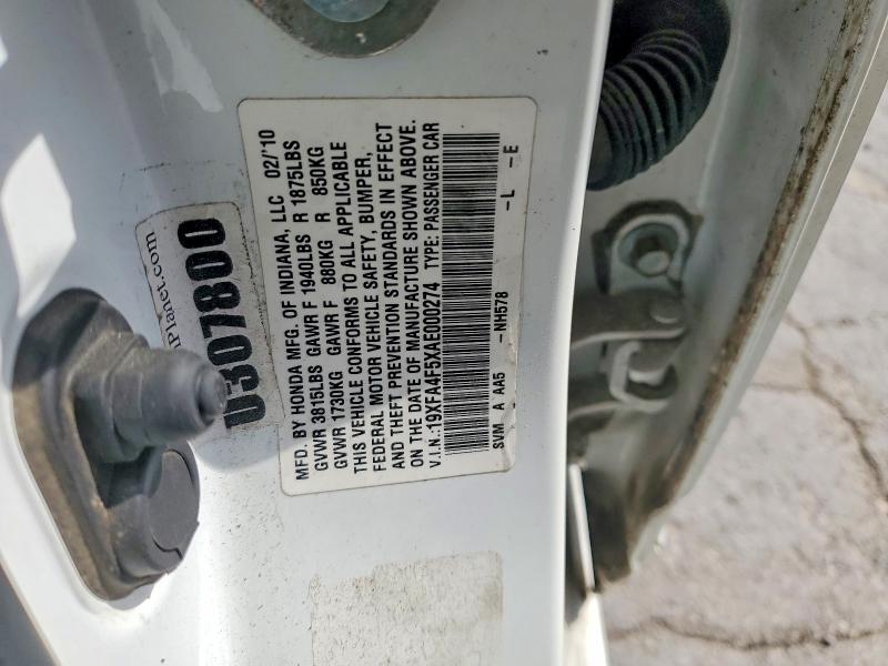 52198716 :رقم المزاد ، 19XFA4F5XAE000274 vin ، 2010 Honda Civic مزاد بيع