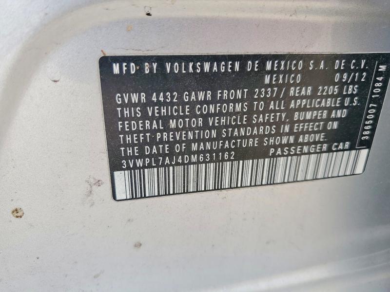 2013 Volkswagen Jetta მანქანა იყიდება აუქციონზე, vin: 3VWPL7AJ4DM631162, აუქციონის ნომერი: 50350186