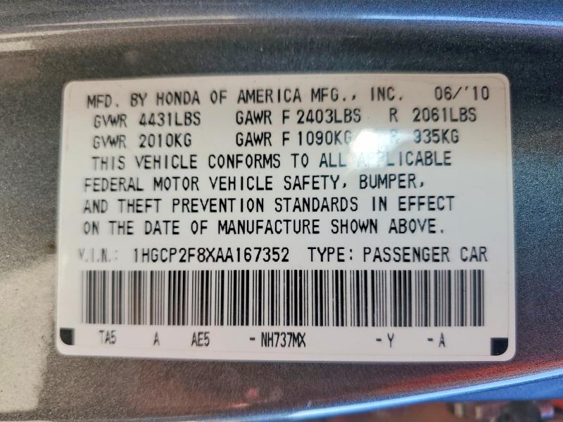 49330836 :رقم المزاد ، 1HGCP2F8XAA167352 vin ، 2010 Honda Accord مزاد بيع