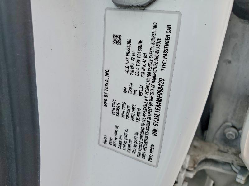 Продажа на аукционе авто 2021 Tesla Model 3, vin: 5YJ3E1EA4MF998439, номер лота: 48191816