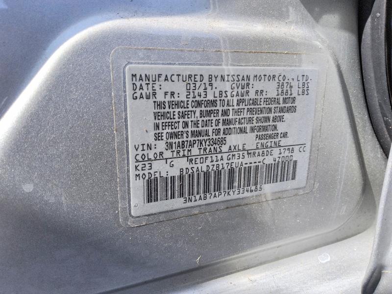 Продаж на аукціоні авто 2019 Nissan Sentra, vin: 3N1AB7AP7KY334685, номер лоту: 51038426