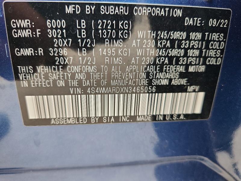 Продажа на аукционе авто 2022 Subaru Ascent, vin: 4S4WMARDXN3465056, номер лота: 49816086
