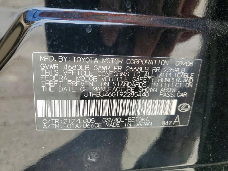 Продажа на аукционе авто 2009 Lexus Es, vin: JTHBJ46G192285440, номер лота: 49954176