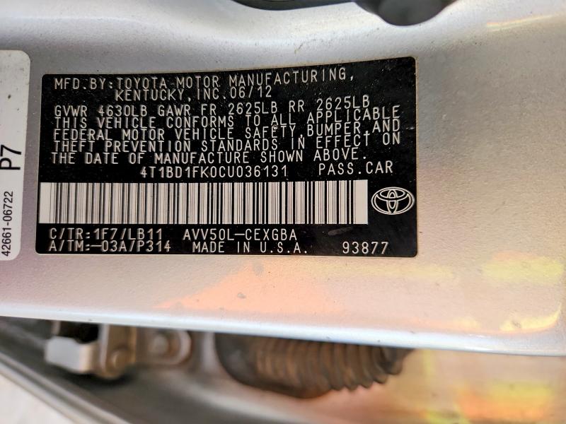 Продажа на аукционе авто 2012 Toyota Camry Hybrid, vin: 4T1BD1FK0CU036131, номер лота: 51340556