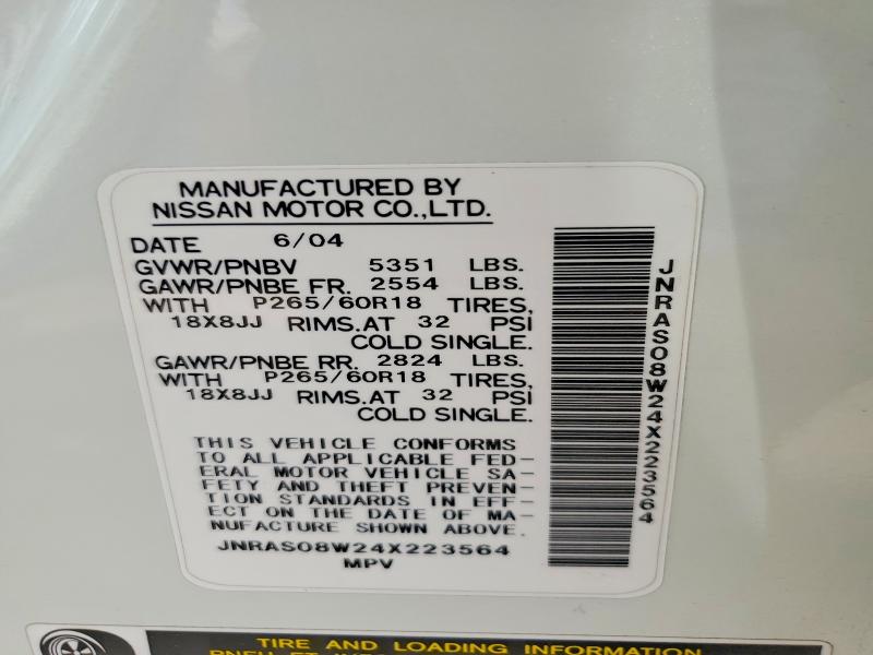 Aukcja sprzedaży 2004 Infiniti Fx35, vin: JNRAS08W24X223564, numer aukcji: 51337396