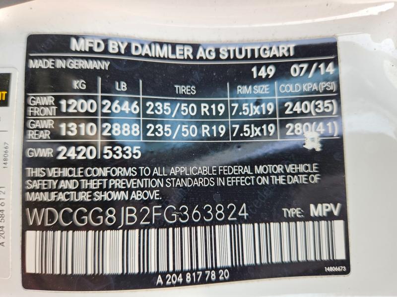 48053866 :رقم المزاد ، WDCGG8JB2FG363824 vin ، 2015 Mercedes-benz Glk مزاد بيع