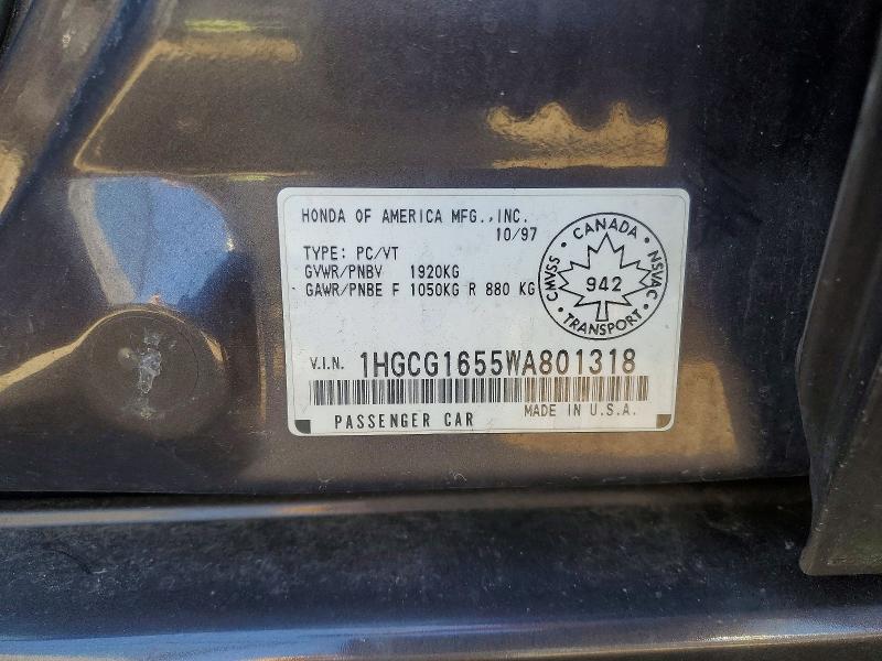 1998 Honda Accord მანქანა იყიდება აუქციონზე, vin: 1HGCG1655WA801318, აუქციონის ნომერი: 50462796