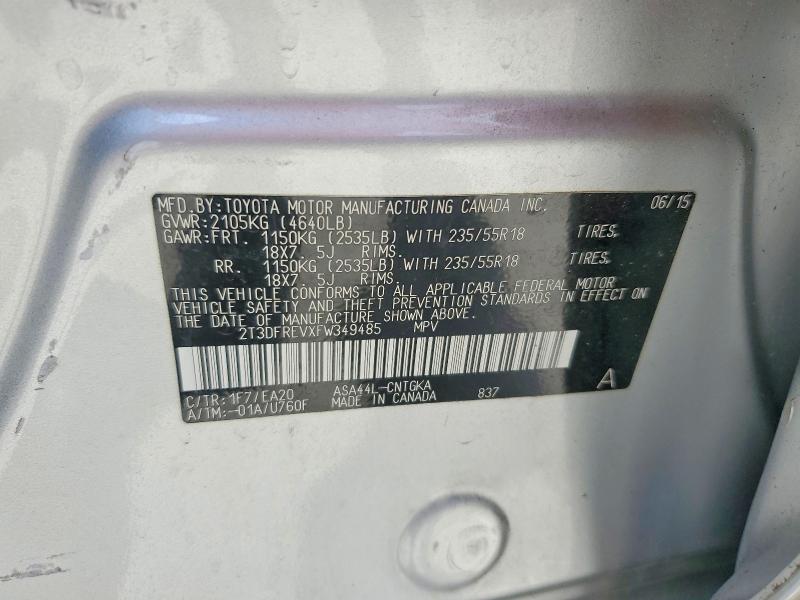 50346376 :رقم المزاد ، 2T3DFREVXFW349485 vin ، 2015 Toyota Rav4 مزاد بيع