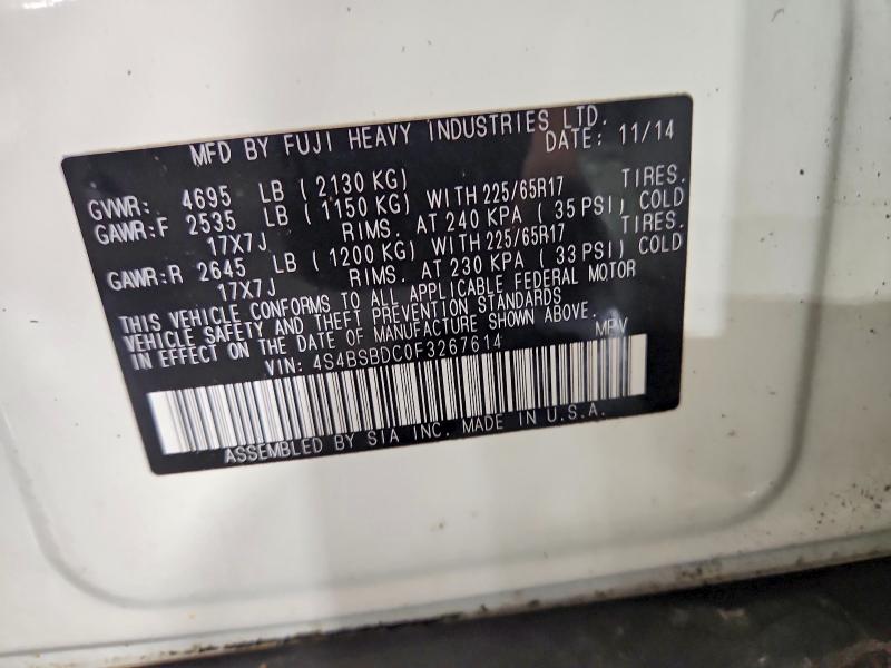 2015 Subaru Outback მანქანა იყიდება აუქციონზე, vin: 4S4BSBDC0F3267614, აუქციონის ნომერი: 48438726