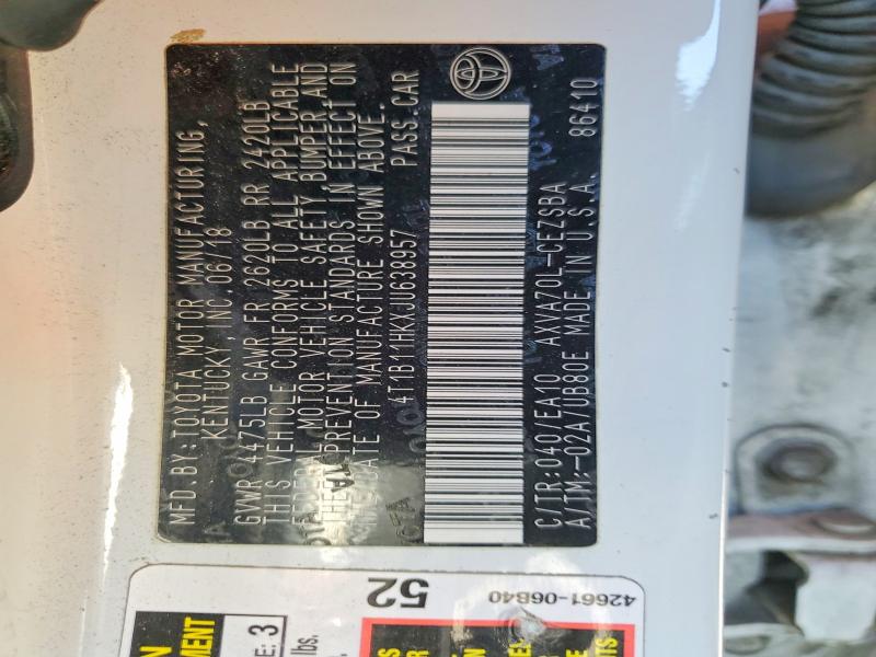 2018 Toyota Camry მანქანა იყიდება აუქციონზე, vin: 4T1B11HKXJU638957, აუქციონის ნომერი: 51190626
