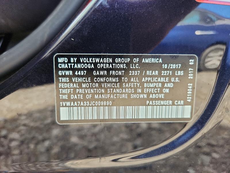 Продажа на аукционе авто 2018 Volkswagen Passat, vin: 1VWAA7A33JC009890, номер лота: 49893256