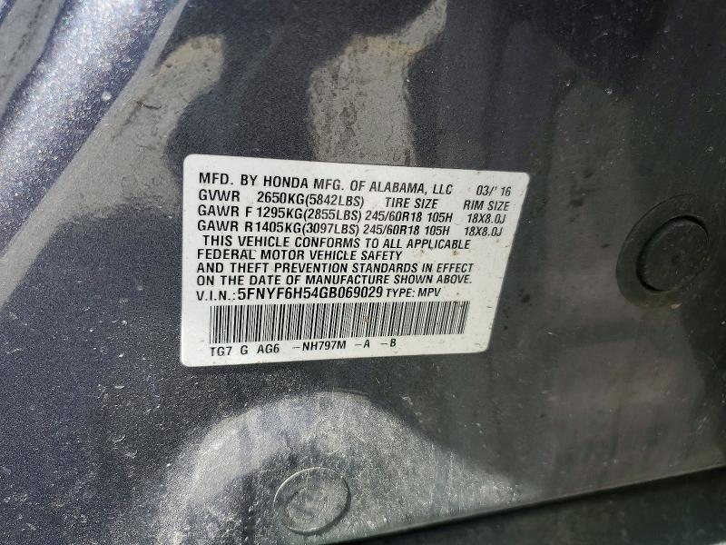 50382386 :رقم المزاد ، 5FNYF6H54GB069029 vin ، 2016 Honda Pilot مزاد بيع