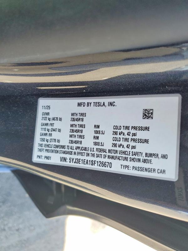 49102136 :رقم المزاد ، 5YJ3E1EA1SF126670 vin ، 2025 Tesla Model 3 مزاد بيع