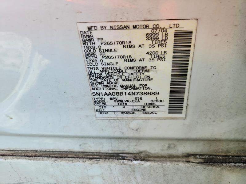 2004 Nissan Armada მანქანა იყიდება აუქციონზე, vin: 5N1AA08B14N738689, აუქციონის ნომერი: 49324436