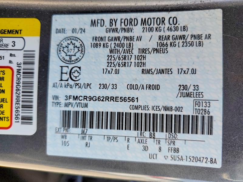 2024 Ford Bronco Sport მანქანა იყიდება აუქციონზე, vin: 3FMCR9G62RRE56561, აუქციონის ნომერი: 49320256