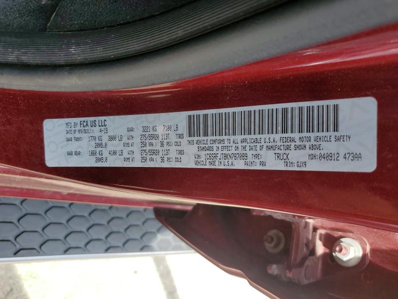 Продаж на аукціоні авто 2019 Ram 1500, vin: 1C6SRFJT8KN787089, номер лоту: 49644916
