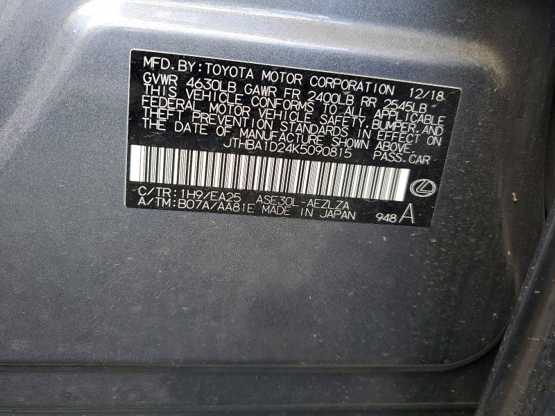 49602786 :رقم المزاد ، JTHBA1D24K5090815 vin ، 2019 Lexus Is مزاد بيع