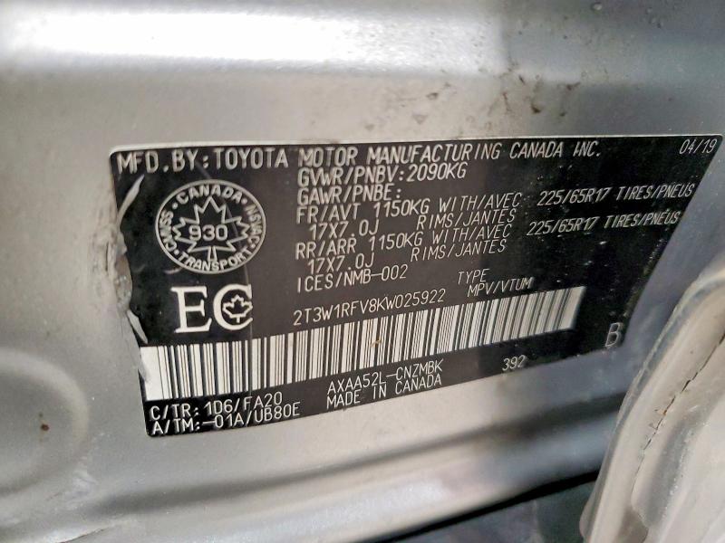 2019 Toyota Rav4 მანქანა იყიდება აუქციონზე, vin: 2T3W1RFV8KW025922, აუქციონის ნომერი: 50050916