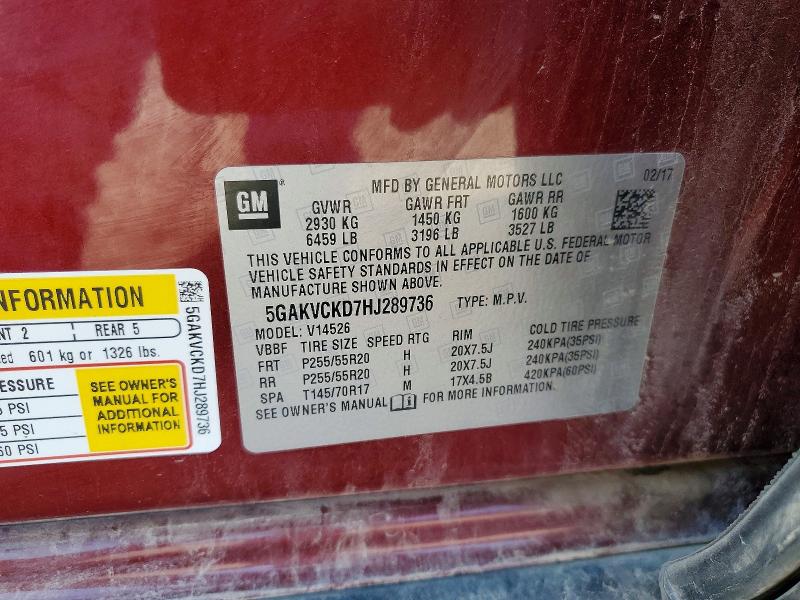 51037026 :رقم المزاد ، 5GAKVCKD7HJ289736 vin ، 2017 Buick Enclave مزاد بيع