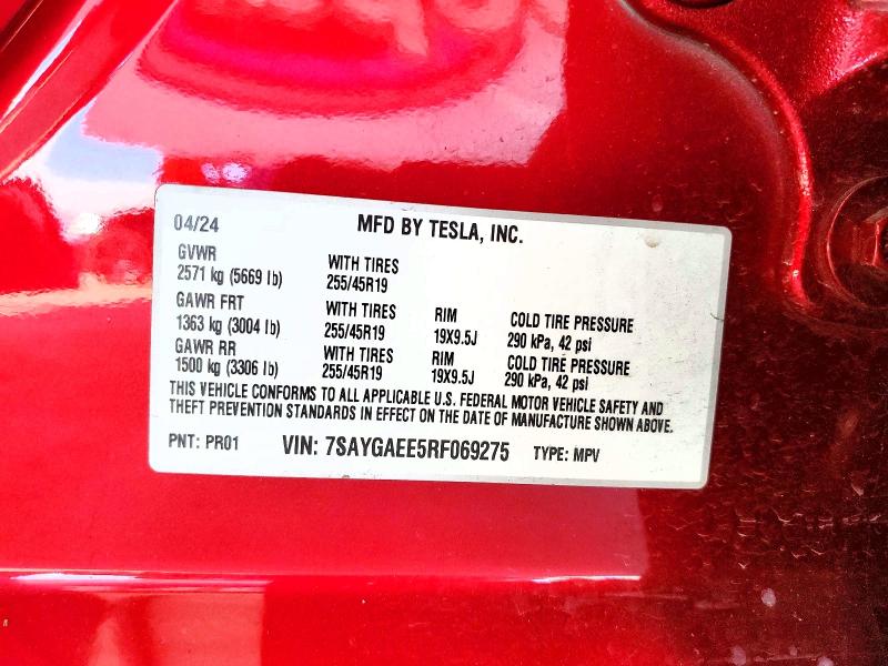 50347656 :رقم المزاد ، 7SAYGAEE5RF069275 vin ، 2024 Tesla Model Y مزاد بيع