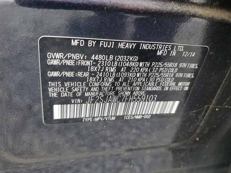 2015 Subaru Forester მანქანა იყიდება აუქციონზე, vin: JF2SJAWC7FH559103, აუქციონის ნომერი: 49618506