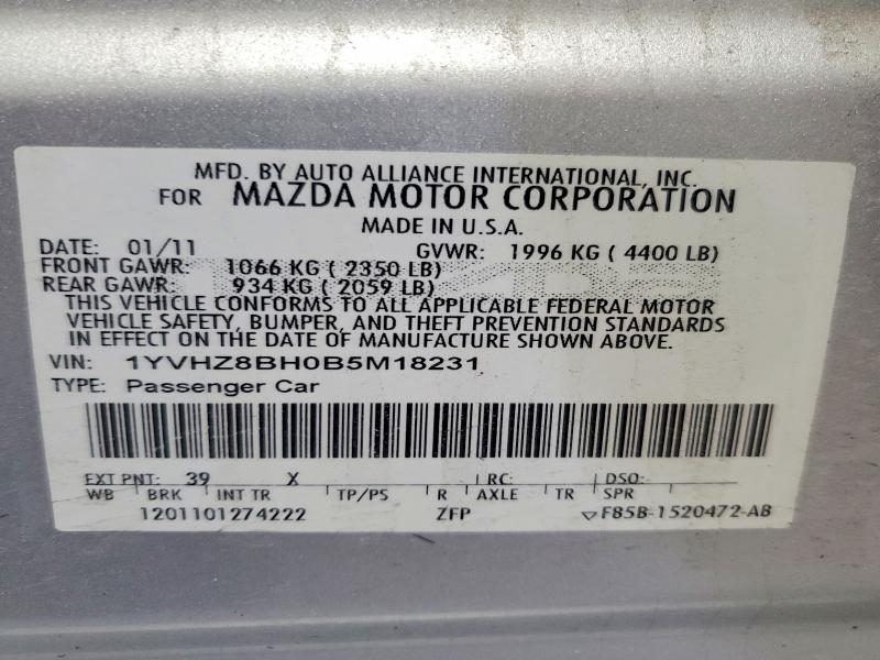 2011 Mazda 6 მანქანა იყიდება აუქციონზე, vin: 1YVHZ8BH0B5M18231, აუქციონის ნომერი: 50096116