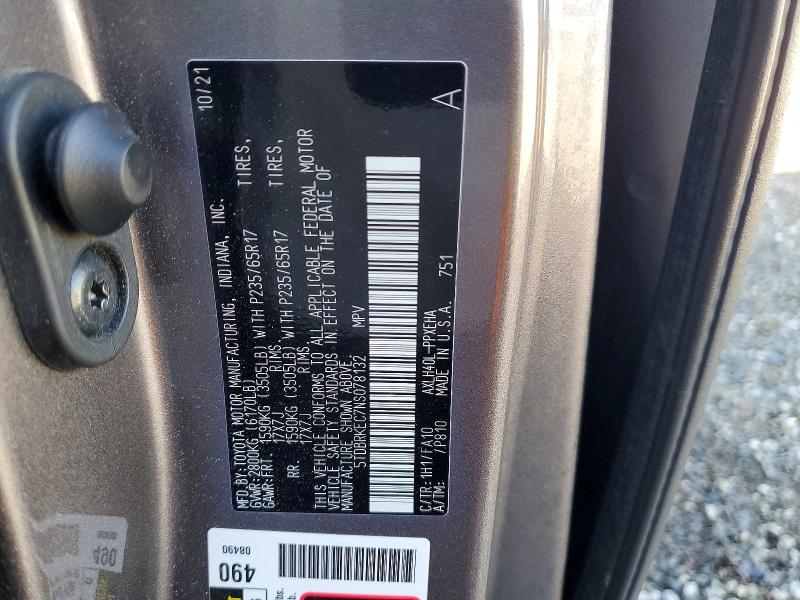49441656 :رقم المزاد ، 5TDBRKEC7NS078132 vin ، 2022 Toyota Sienna مزاد بيع