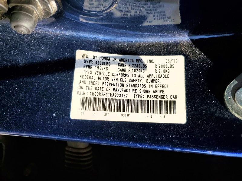 51356766 :رقم المزاد ، 1HGCR2F31HA233182 vin ، 2017 Honda Accord مزاد بيع